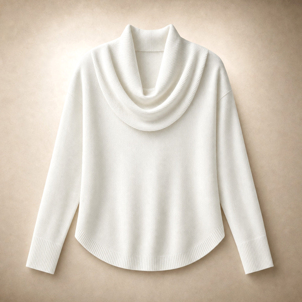 Ragintraud | Rollkragenpullover mit drapiertem Kragen Weiß – Produktfoto