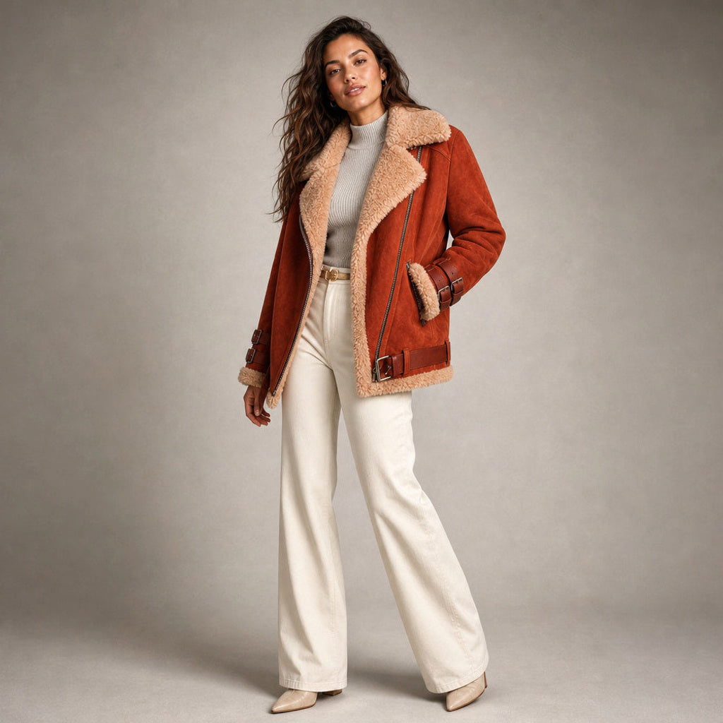 Raingard | Lammfellimitat-Jacke mit Bindegürtel Orange – Seitenansicht