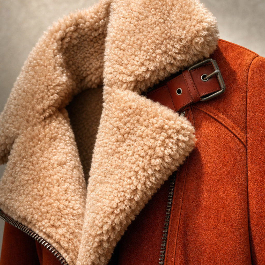 Raingard | Lammfellimitat-Jacke mit Bindegürtel Orange – Stoff- und Detailaufnahme