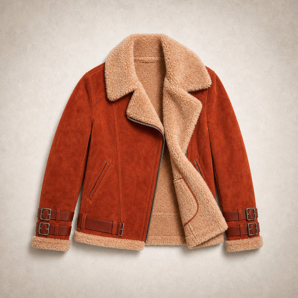 Raingard | Lammfellimitat-Jacke mit Bindegürtel Orange – Flatlay-Produktfoto