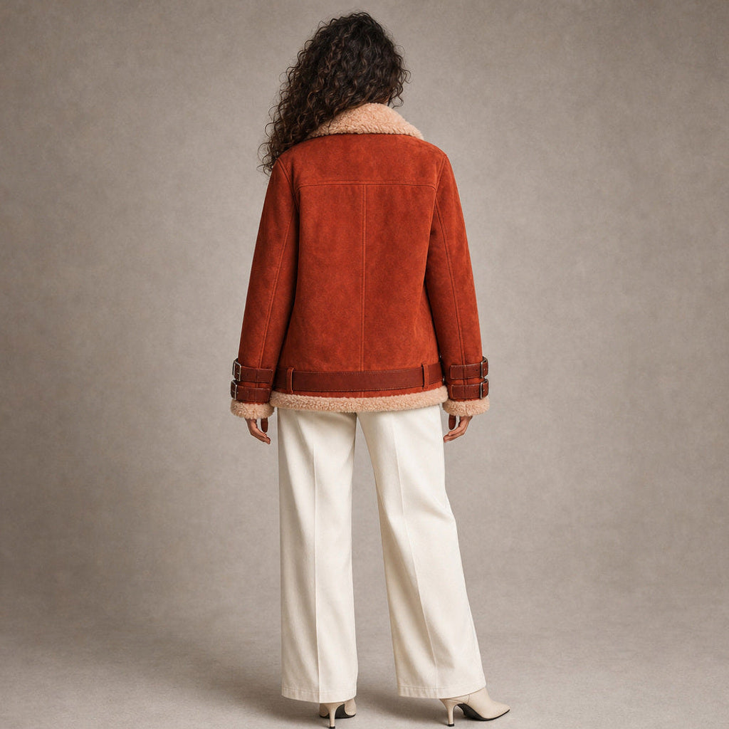 Raingard | Lammfellimitat-Jacke mit Bindegürtel Orange – Gesamtlook