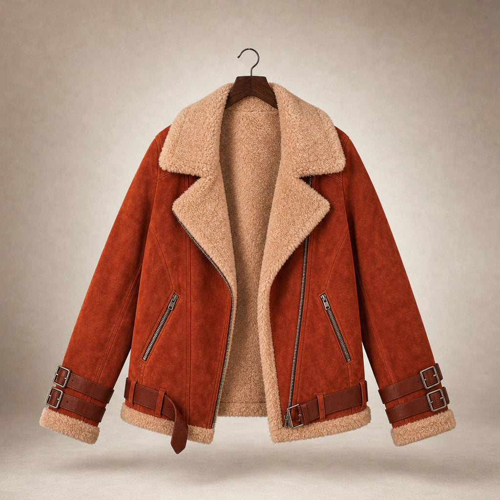 Raingard | Lammfellimitat-Jacke mit Bindegürtel Orange – Produktfoto
