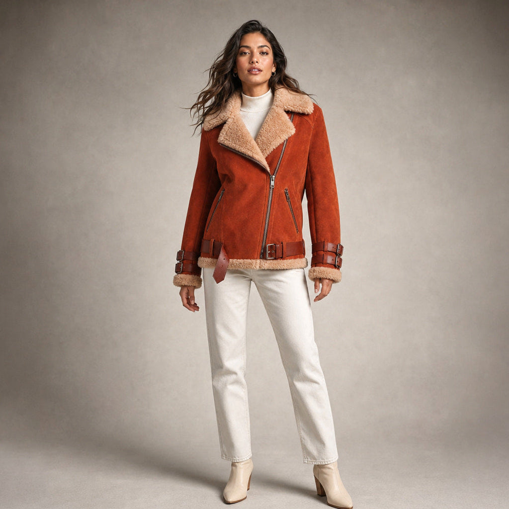 Raingard | Lammfellimitat-Jacke mit Bindegürtel in Orange – Premium Editorial