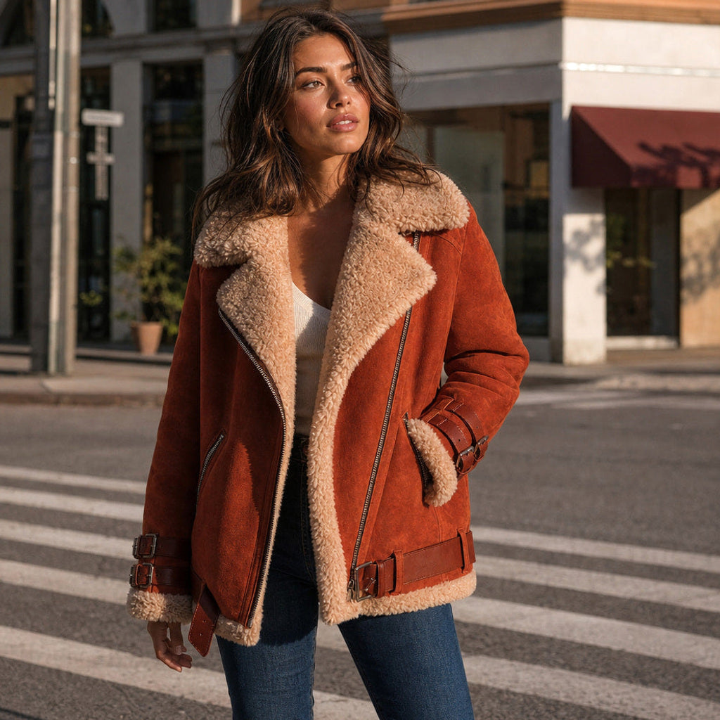 Raingard | Lammfellimitat-Jacke mit Bindegürtel Orange – Gestyltes Editorial-Foto