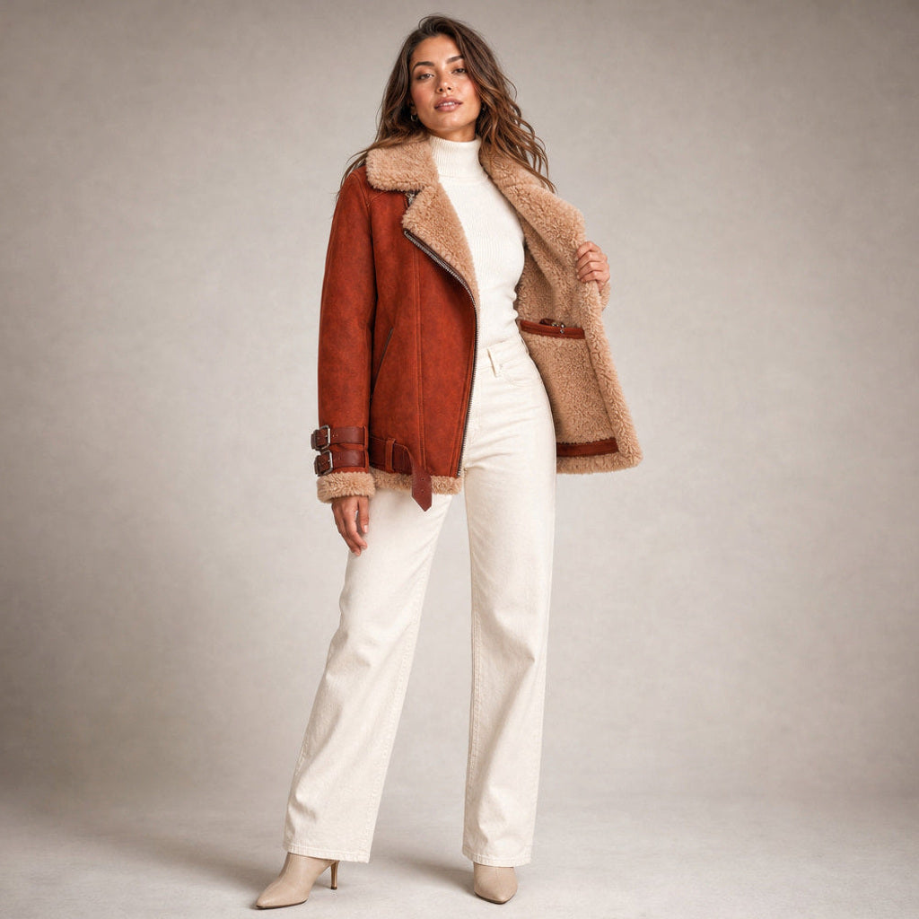 Raingard | Lammfellimitat-Jacke mit Bindegürtel Orange – Innenfutter im Detail