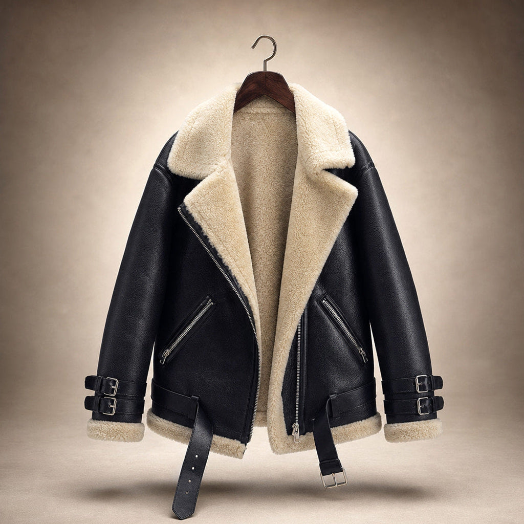 Raingard | Lammfellimitat-Jacke mit Bindegürtel Schwarz – Produktfoto