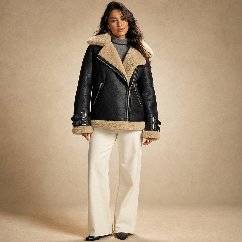 Raingard | Lammfellimitat-Jacke mit Bindegürtel in Schwarz – Premium Editorial