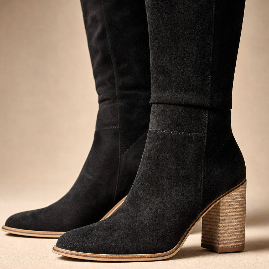 Ramhild | Overknee Stiefel mit spitzer Kappe und Blockabsatz Schwarz – Stoff- und Detailaufnahme