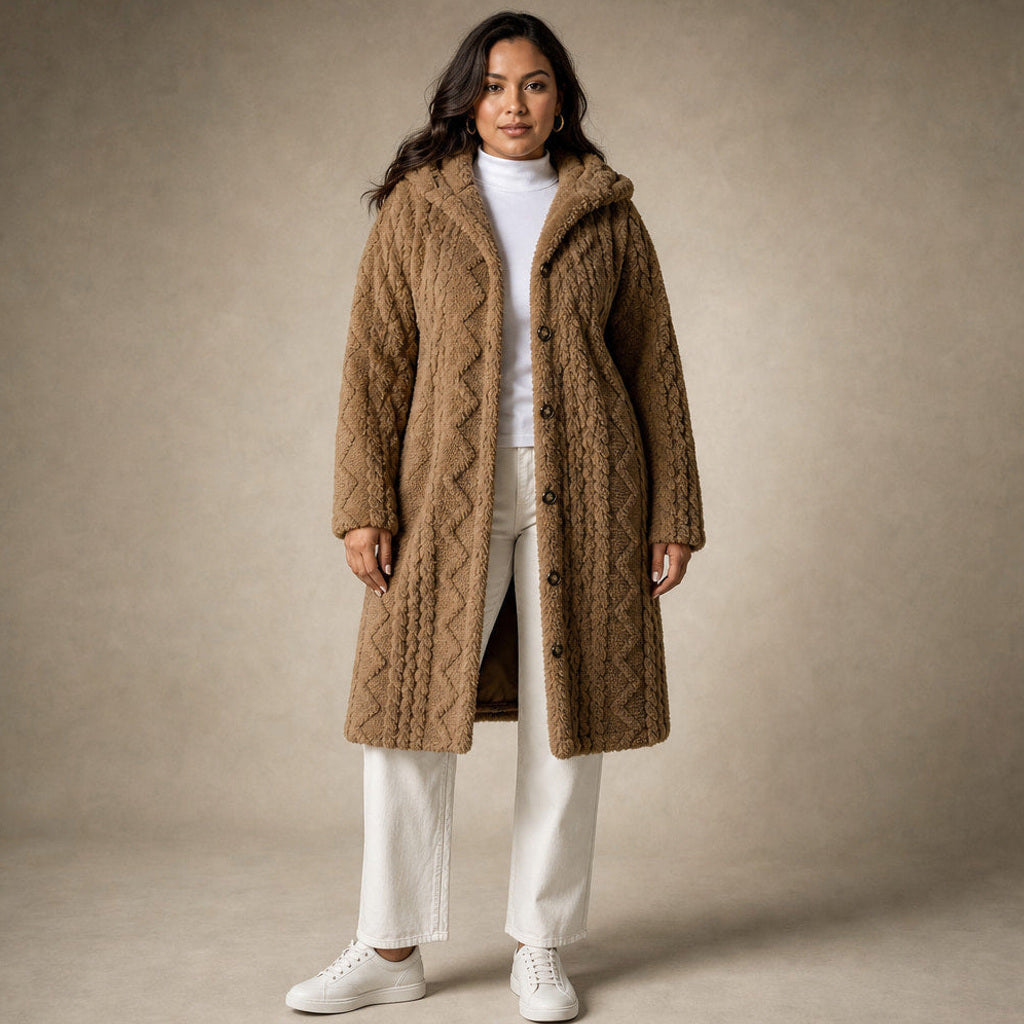 Ramhilde | Wollmantel mit Kapuze und Argyle-Jacquard – Premium Editorial