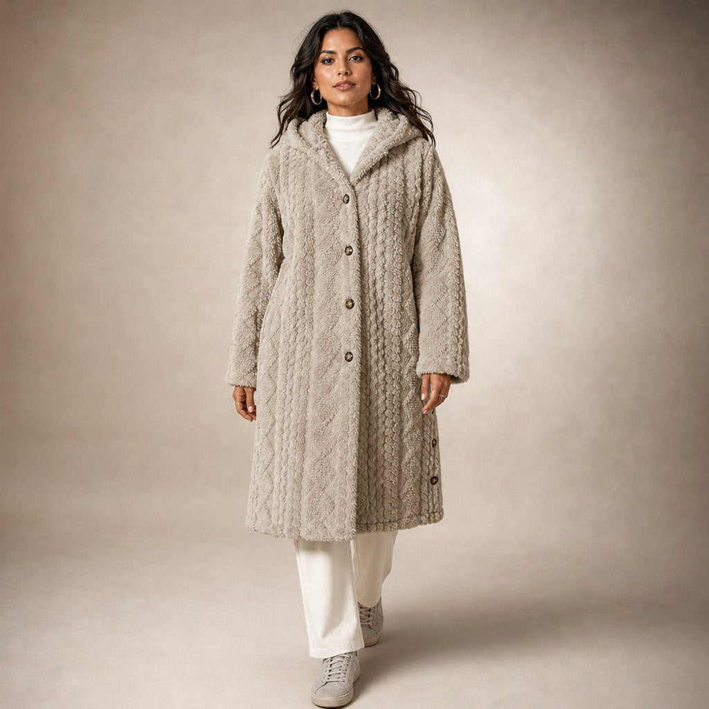Ramhilde | Wollmantel mit Kapuze und Argyle-Jacquard – Premium Editorial