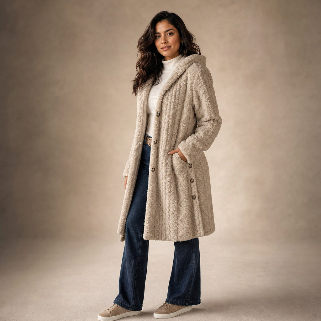 Ramhilde | Wollmantel mit Kapuze und Argyle-Jacquard Beige – Seitenansicht