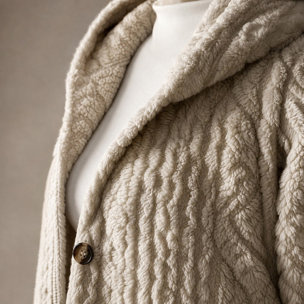 Ramhilde | Wollmantel mit Kapuze und Argyle-Jacquard Beige – Stoff- und Detailaufnahme
