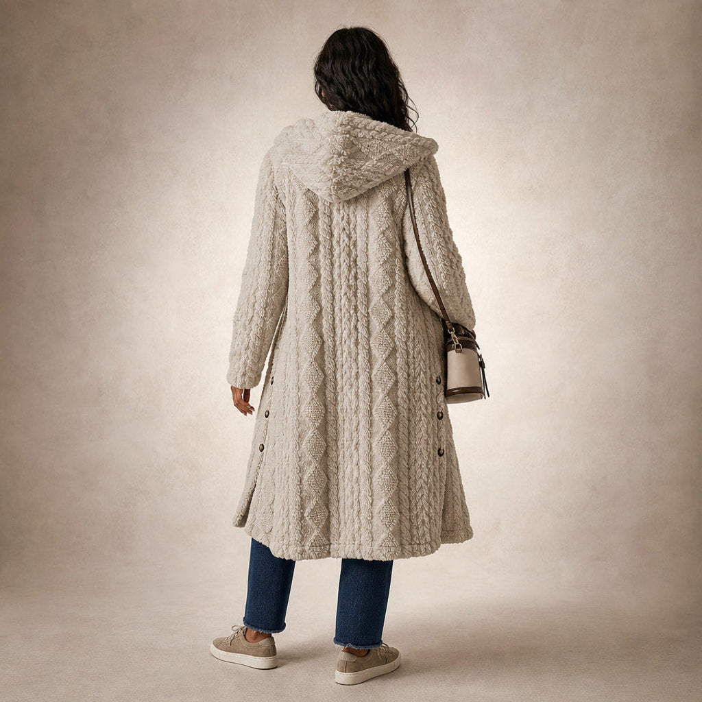 Ramhilde | Wollmantel mit Kapuze und Argyle-Jacquard Beige – Gesamtlook