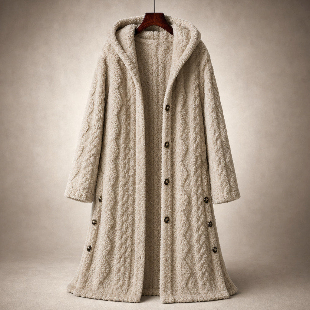 Ramhilde | Wollmantel mit Kapuze und Argyle-Jacquard Beige – Produktfoto