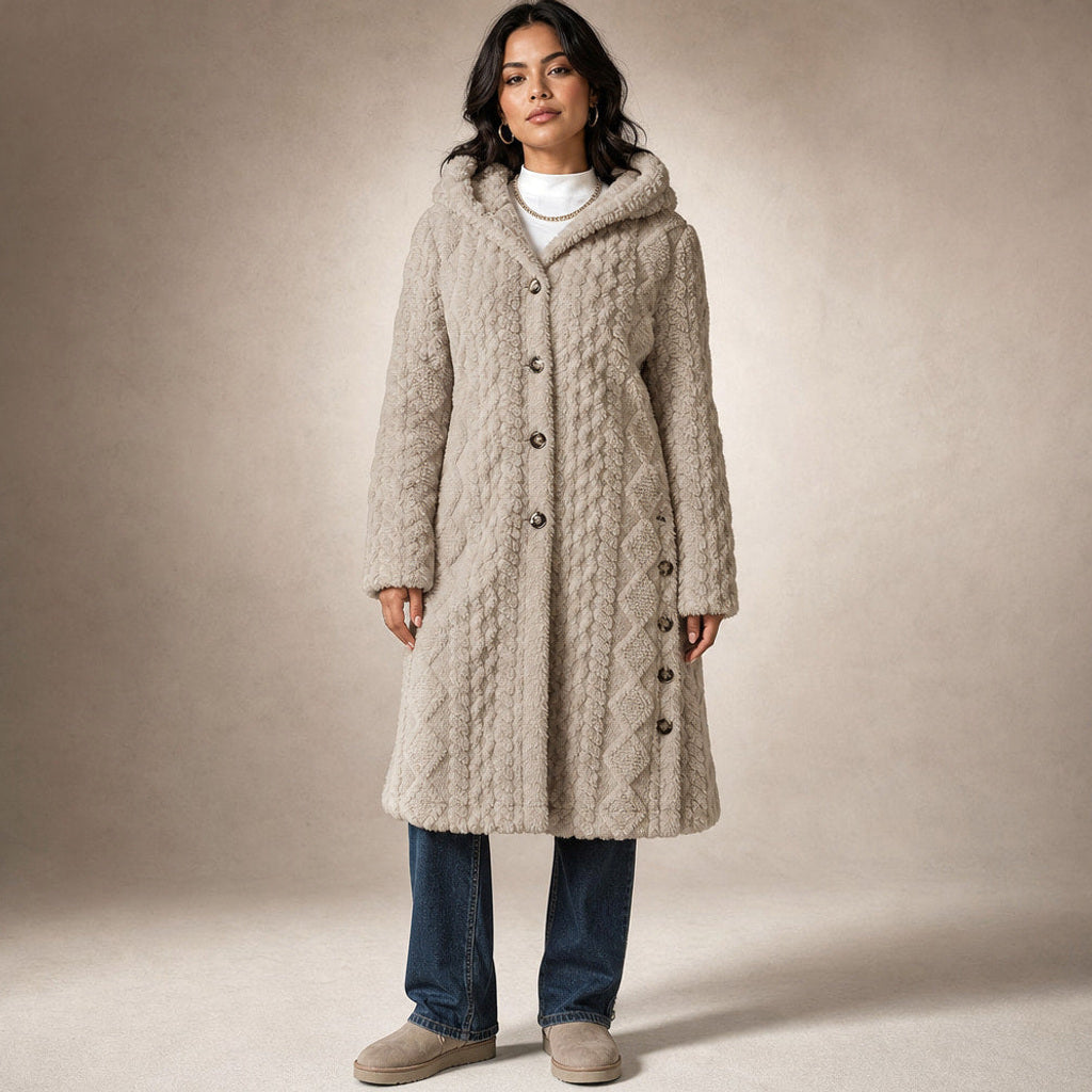 Ramhilde | Wollmantel mit Kapuze und Argyle-Jacquard in Beige – Premium Editorial