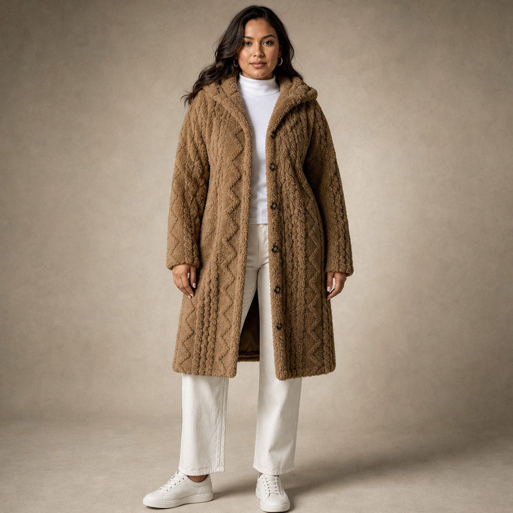Ramhilde | Wollmantel mit Kapuze und Argyle-Jacquard in Braun – Premium Editorial