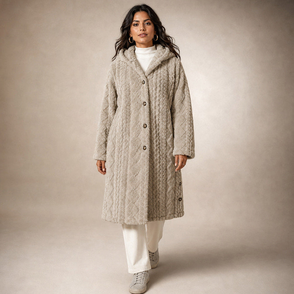 Ramhilde | Wollmantel mit Kapuze und Argyle-Jacquard in Khaki – Premium Editorial