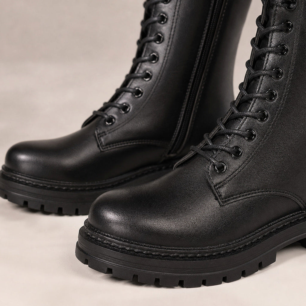 Ramtraud | Overknee Stiefel mit Plateausohle und Schnürung – Stoff- und Detailaufnahme