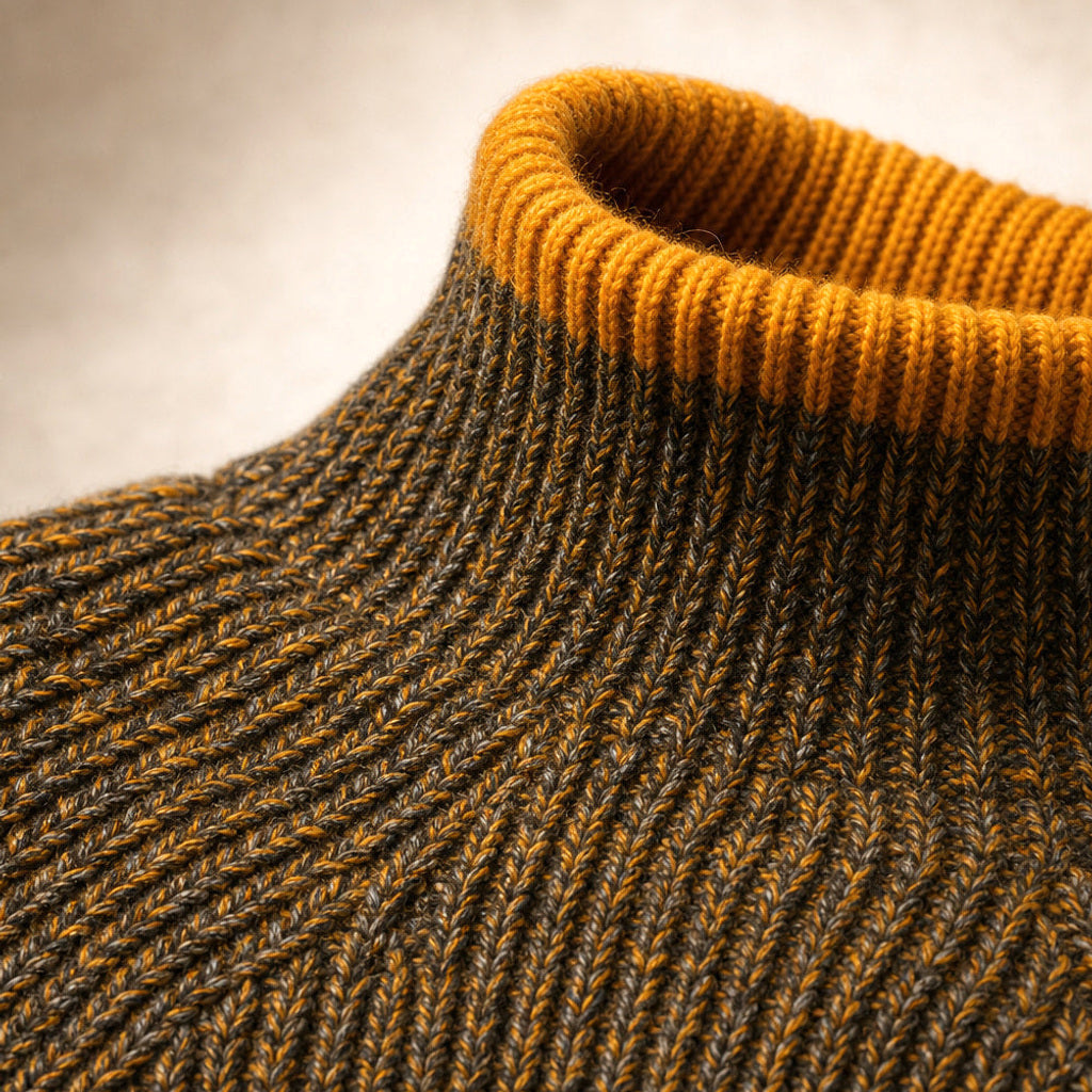 Ramtrud | Rollkragenpullover mit Melange-Strick Braun Braun – Stoff- und Detailaufnahme