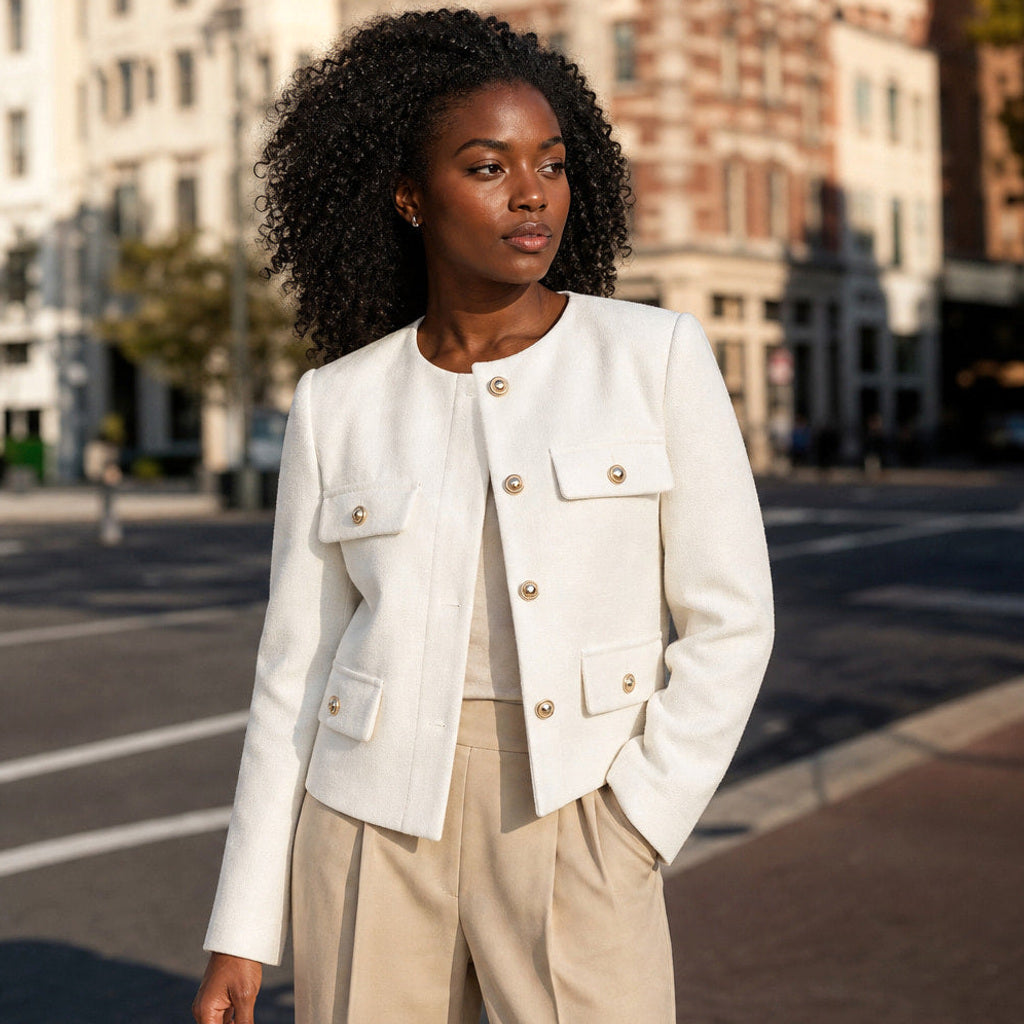 Ratrude | Bouclé-Jacke mit Perlknöpfen, kurz geschnitten – Produktfoto