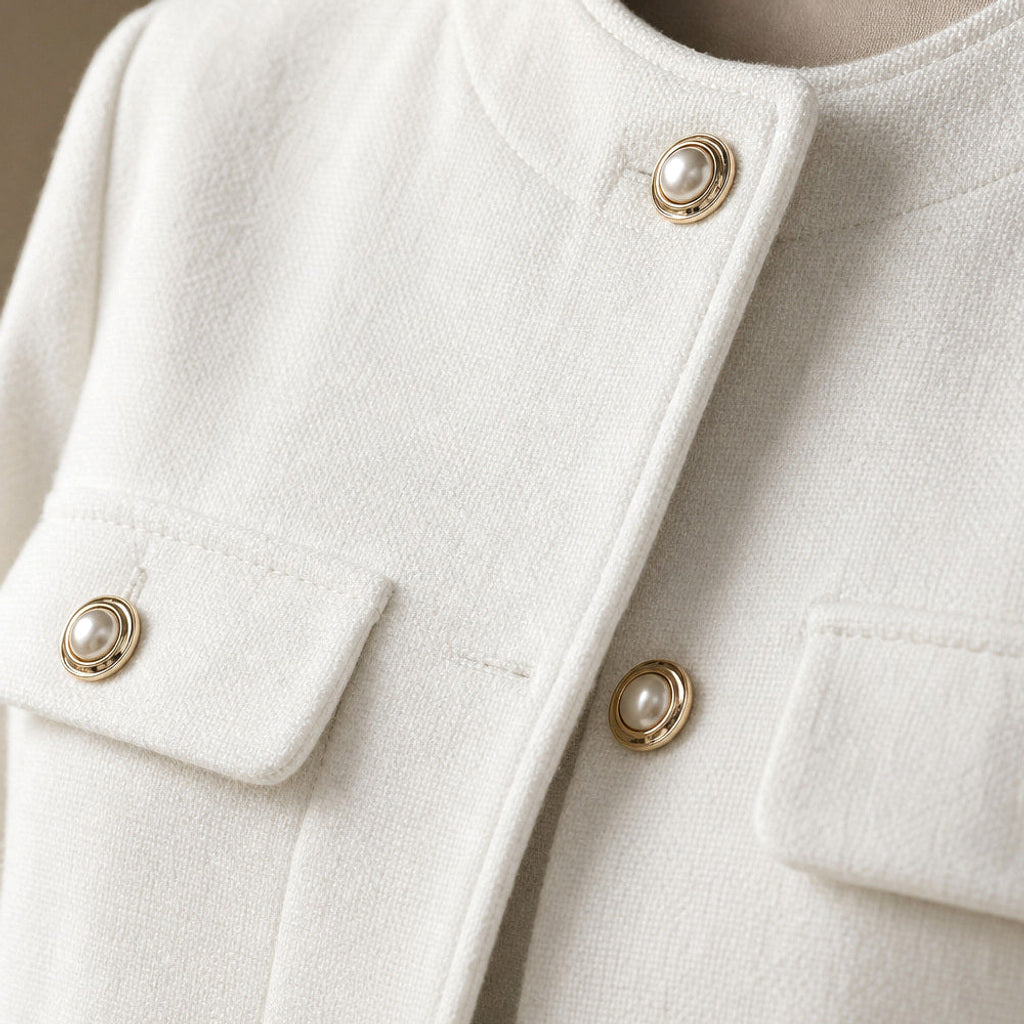 Ratrude | Bouclé-Jacke mit Perlknöpfen, kurz geschnitten Weiß – Stoff- und Detailaufnahme