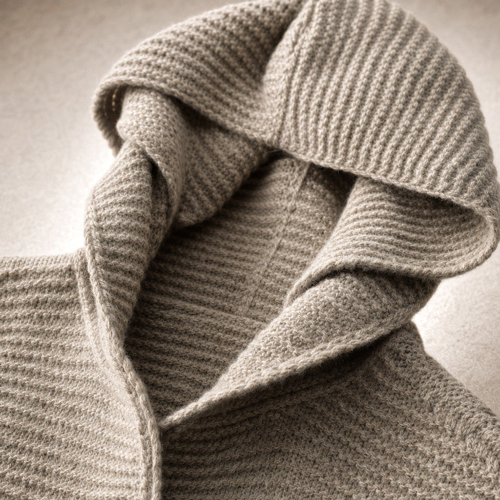 Regenlind | Strickjacke mit Kapuze Grobstrick Hellbraun – Stoff- und Detailaufnahme