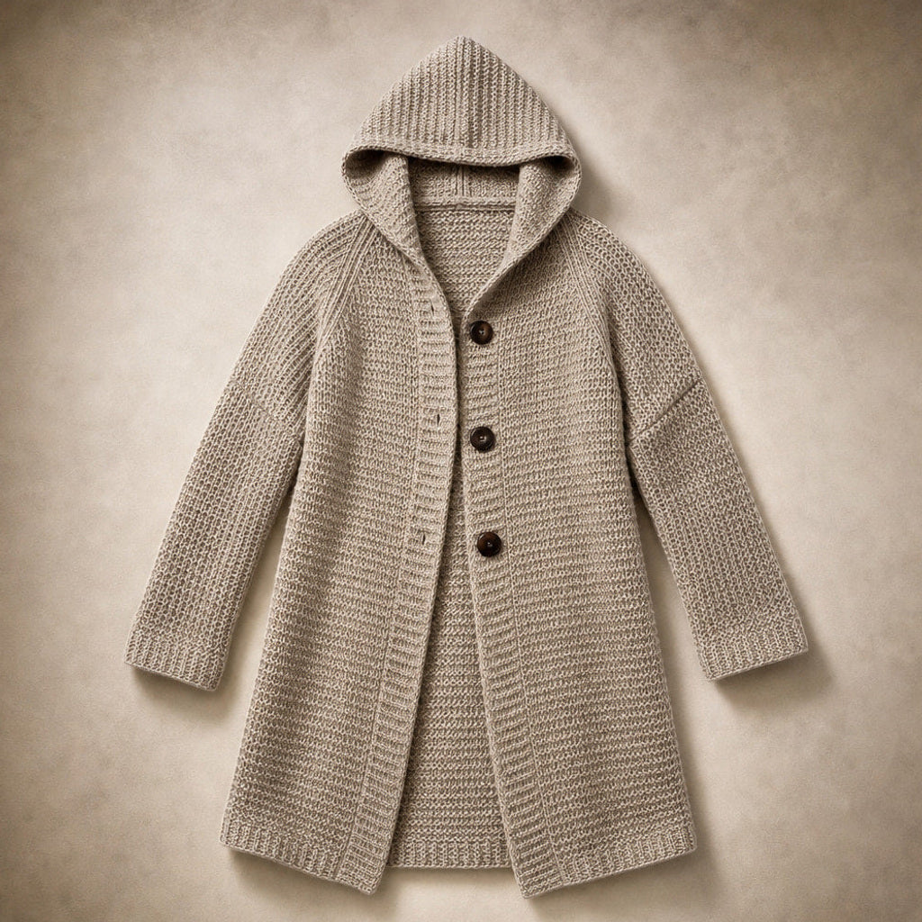 Regenlind | Strickjacke mit Kapuze Grobstrick Hellbraun – Produktfoto