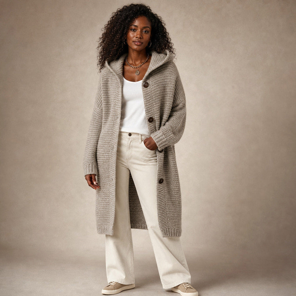 Regenlind | Strickjacke mit Kapuze Grobstrick in Hellbraun – Premium Editorial