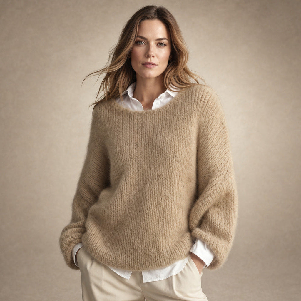 Regindis | Oversized Strickpullover mit Fallschulter in Khaki – Premium Editorial