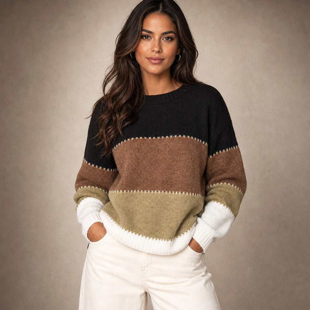 Reinelde | Colourblock-Pullover mit Rundhalsausschnitt in Mokka / Beige – Premium Editorial