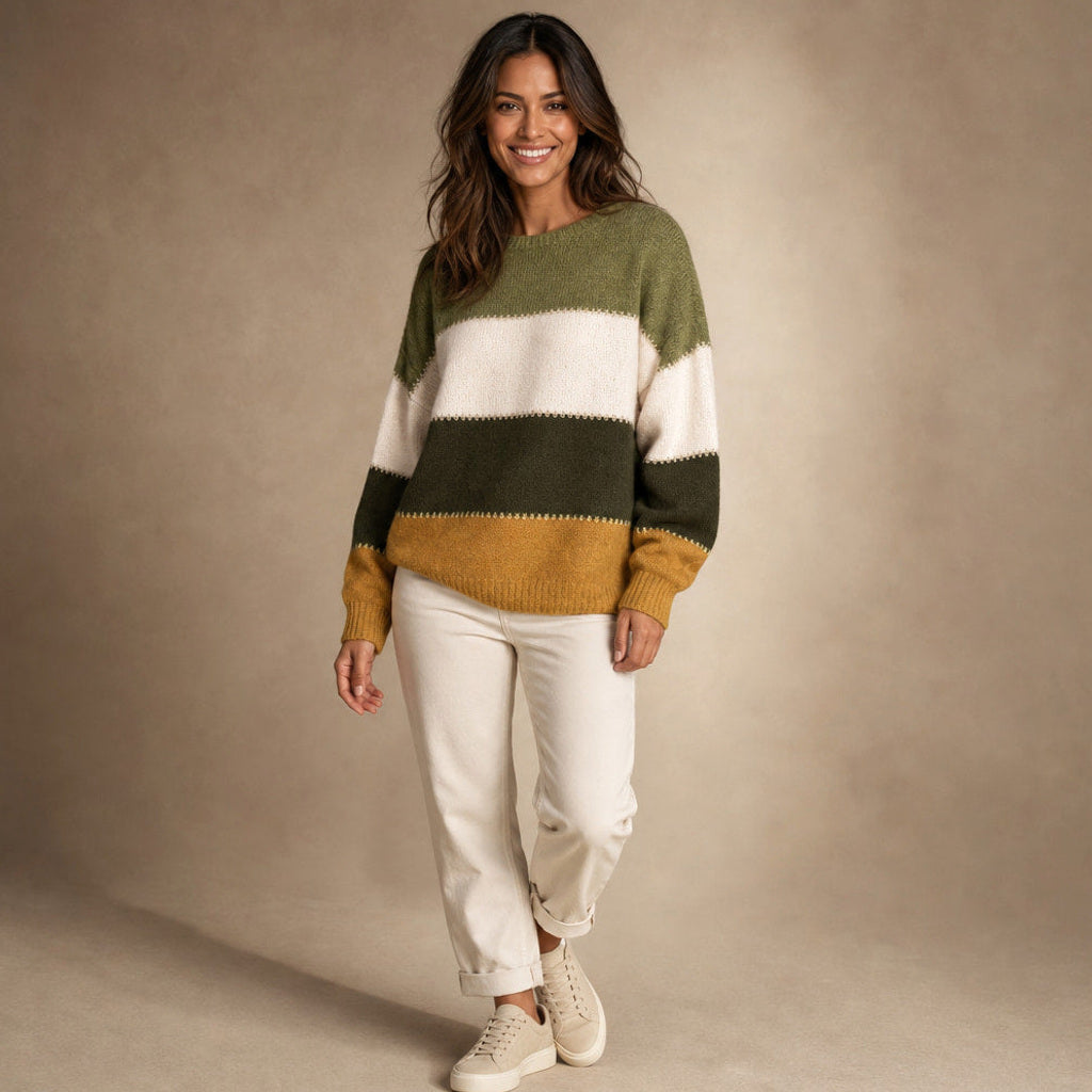 Reinelde | Colourblock-Pullover mit Rundhalsausschnitt Olive Mustard – Seitenansicht