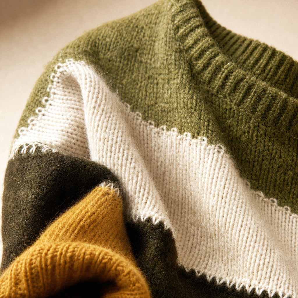 Reinelde | Colourblock-Pullover mit Rundhalsausschnitt Olive Mustard – Stoff- und Detailaufnahme
