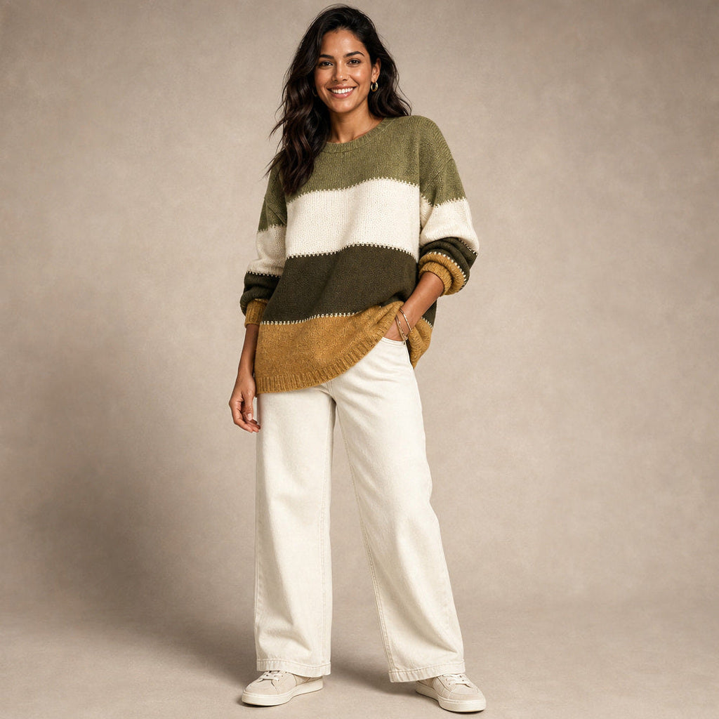 Reinelde | Colourblock-Pullover mit Rundhalsausschnitt Olive Mustard – Gesamtlook