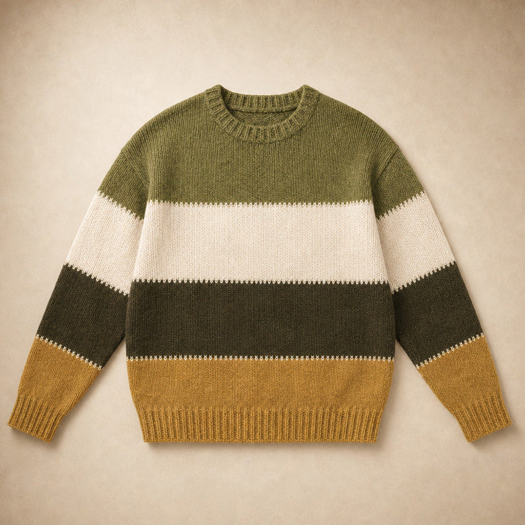 Reinelde | Colourblock-Pullover mit Rundhalsausschnitt Olive Mustard – Produktfoto