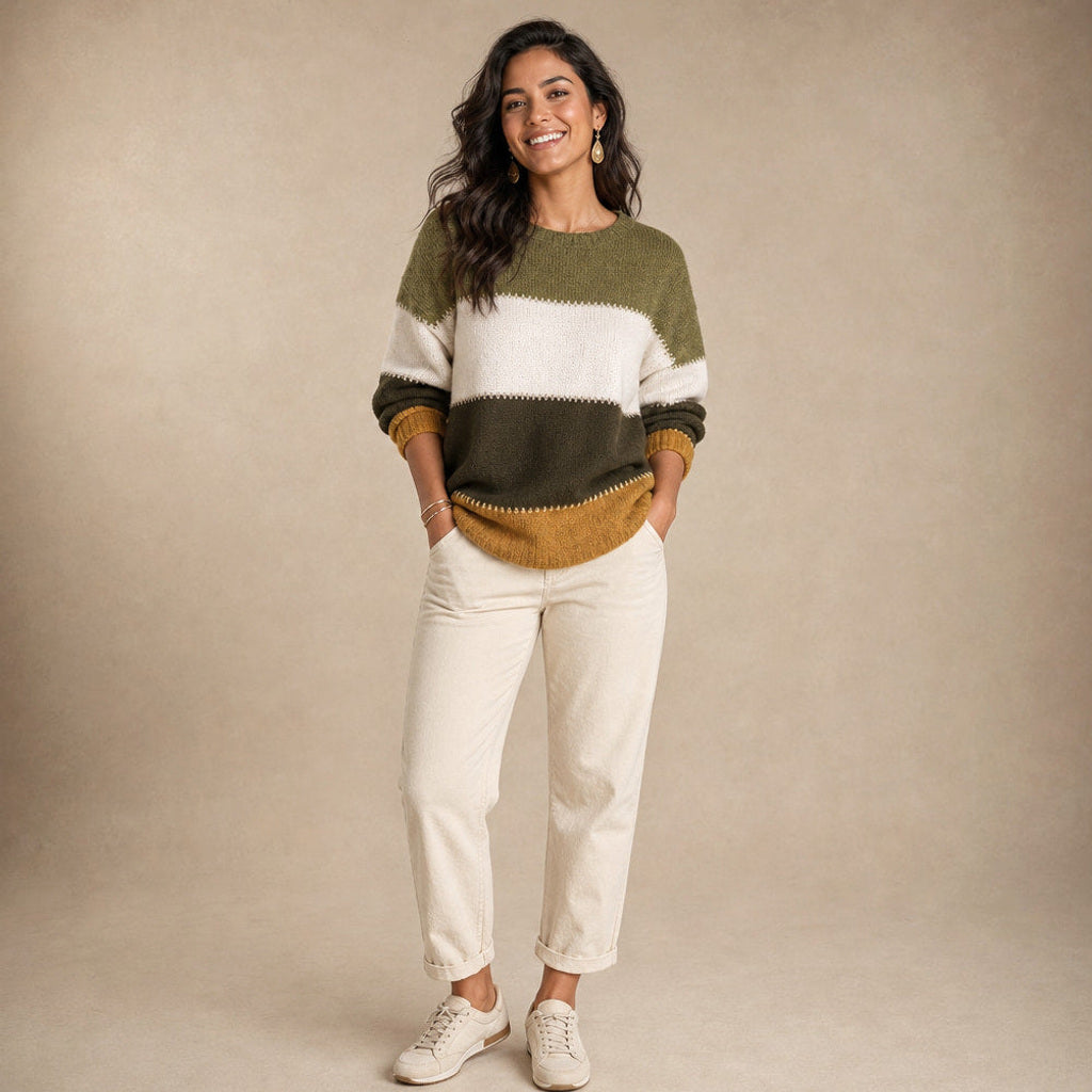 Reinelde | Colourblock-Pullover mit Rundhalsausschnitt in Olive Mustard – Premium Editorial