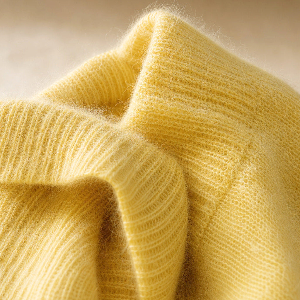 Reinhilde | Flauschstrick-Pullover mit Raglanärmeln Lemon Yellow – Stoff- und Detailaufnahme