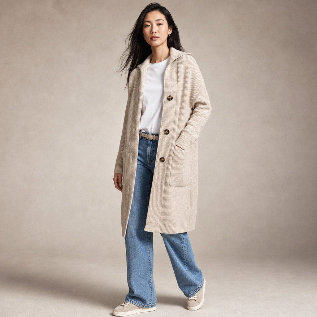 Reinhilt | Lange Strickjacke mit Zierknöpfen Beige – Seitenansicht