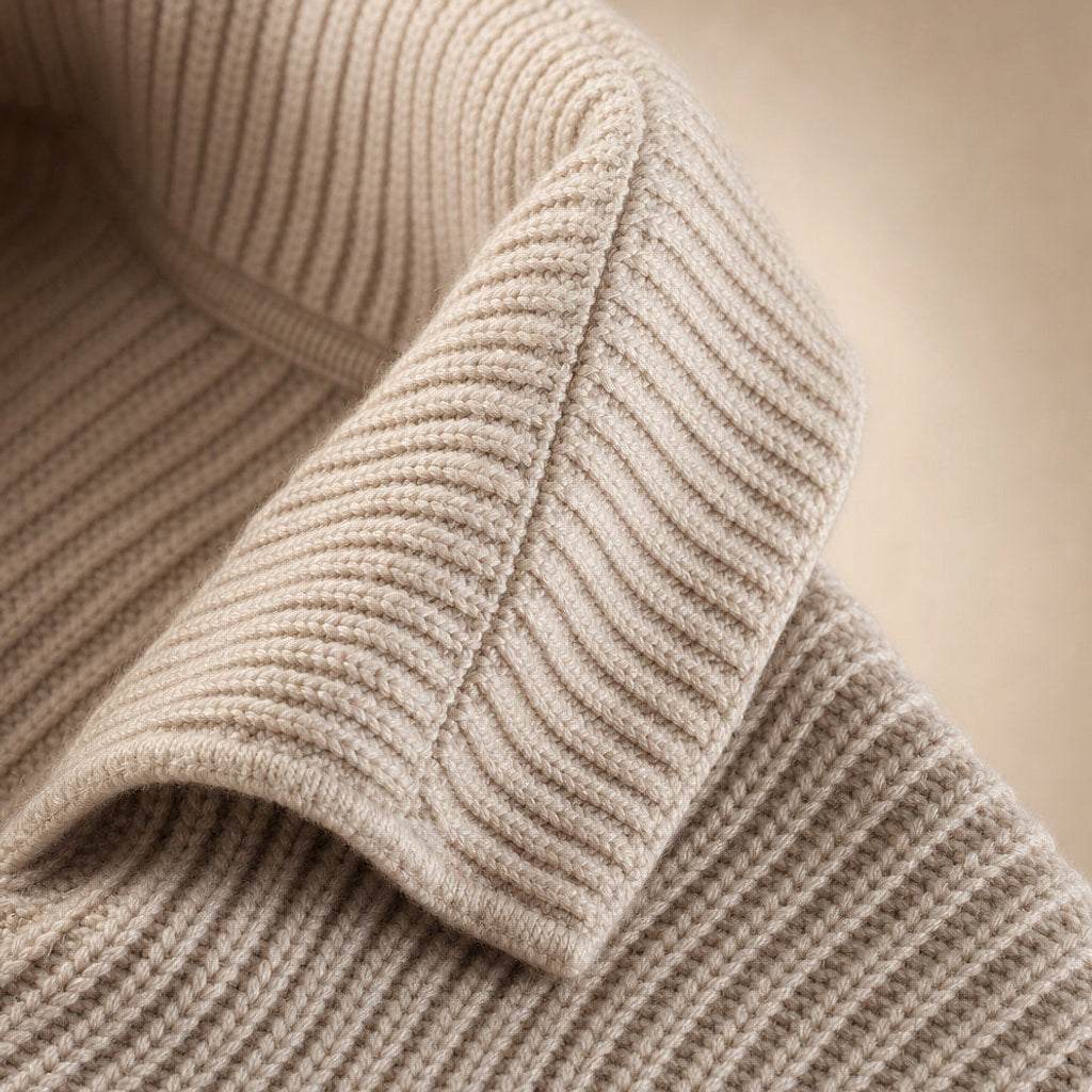 Reinhilt | Lange Strickjacke mit Zierknöpfen Beige – Stoff- und Detailaufnahme