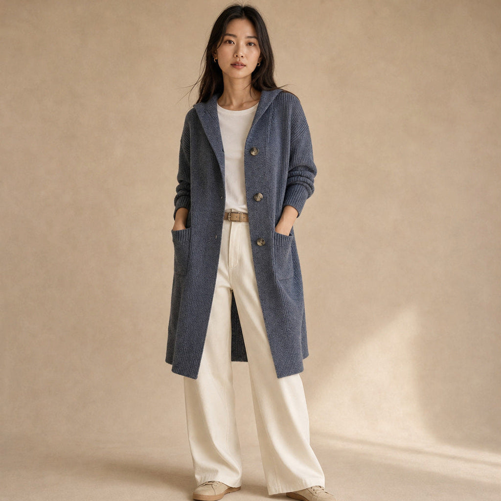 Reinhilt | Lange Strickjacke mit Zierknöpfen – Premium Editorial