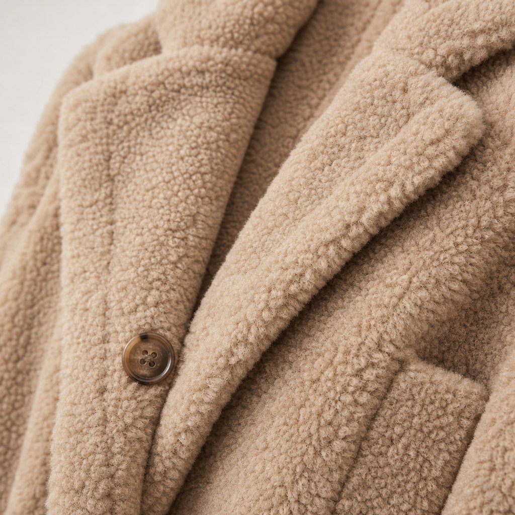Reinka | Teddymantel mit Fleecefutter Beige – Stoff- und Detailaufnahme