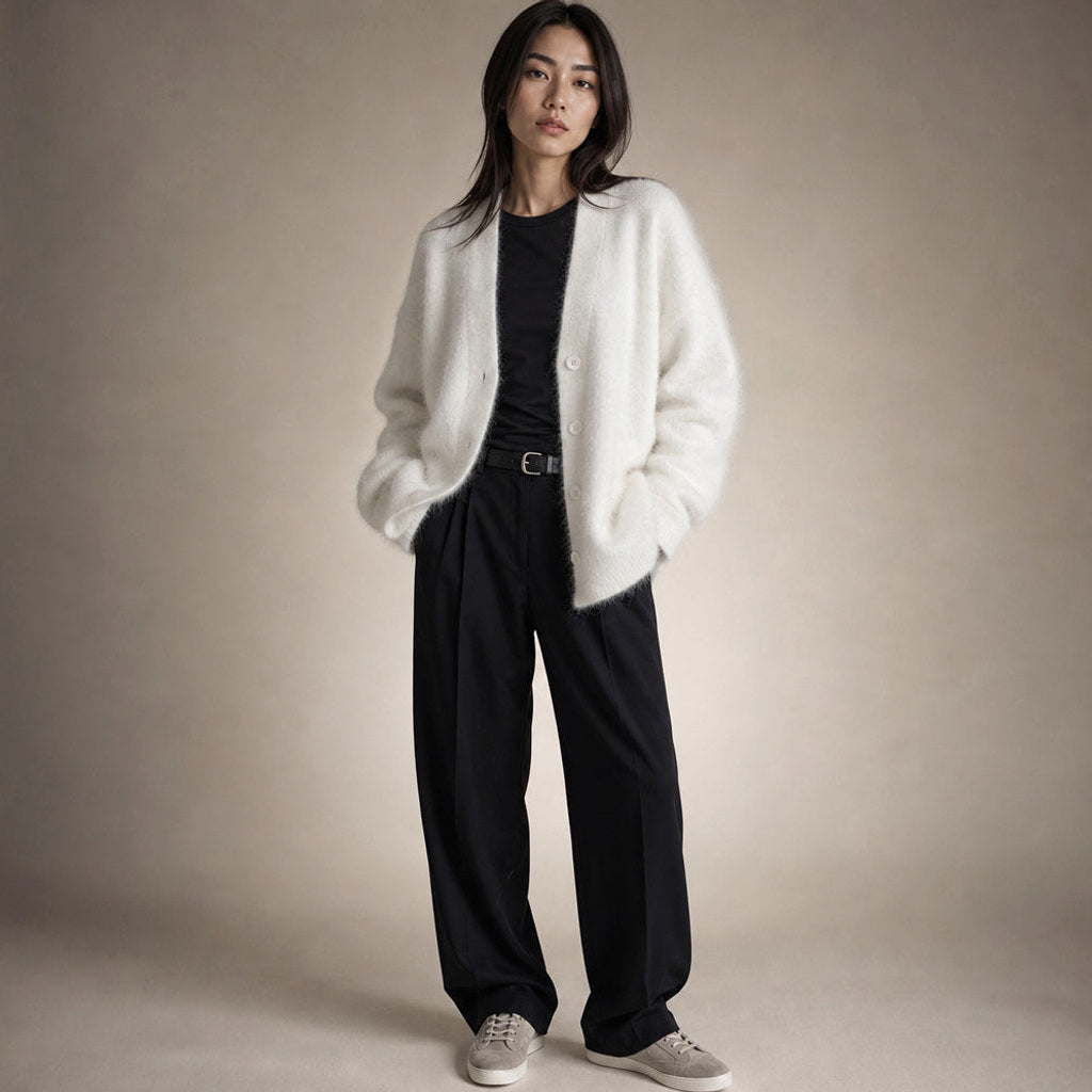 Renate | Strickjacke mit tiefem V-Ausschnitt in Flauschoptik – Produktfoto