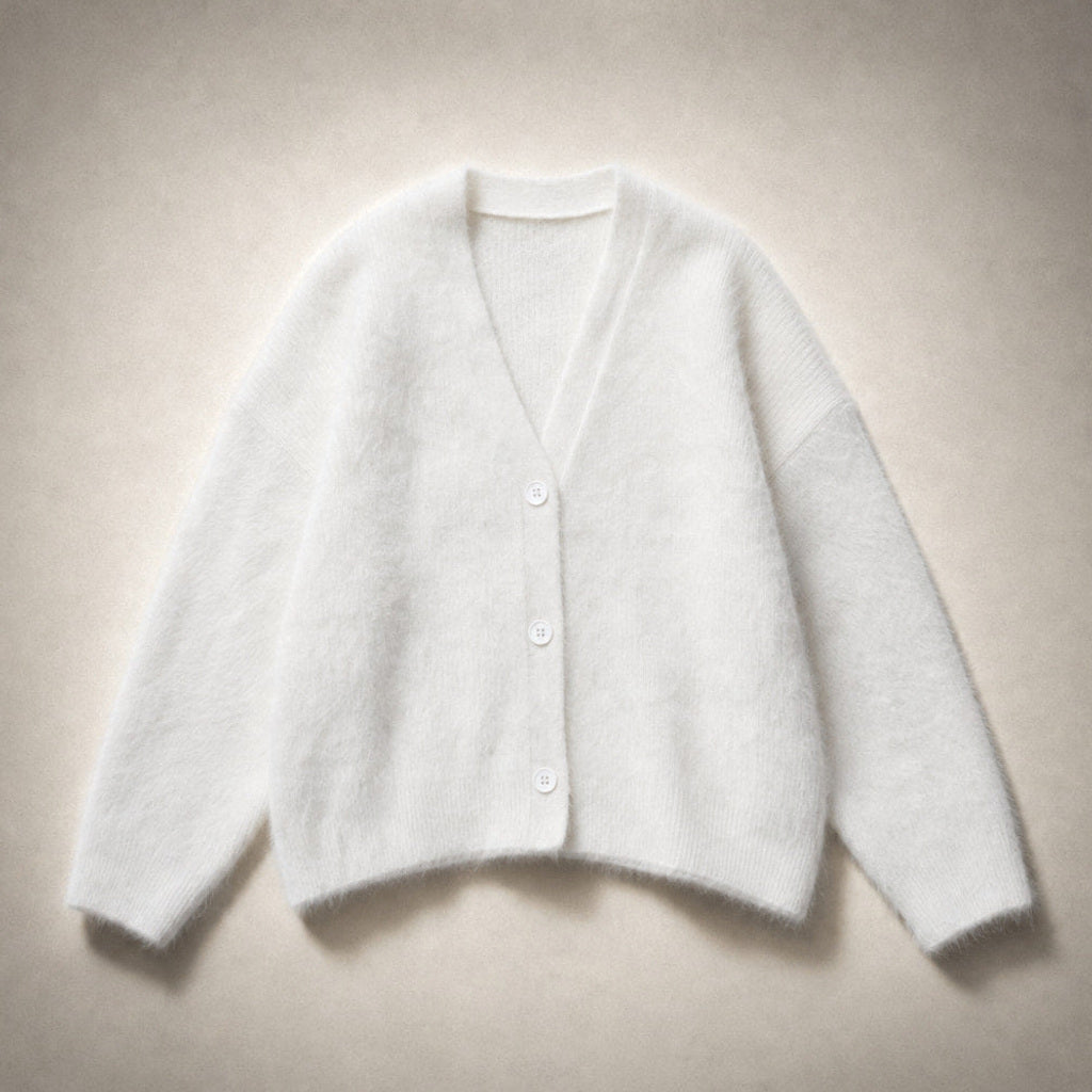 Renate | Strickjacke mit tiefem V-Ausschnitt in Flauschoptik – Produktfoto