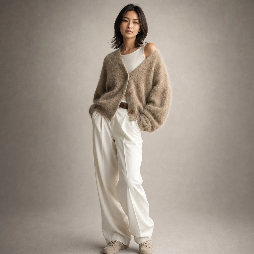 Renate | Strickjacke mit tiefem V-Ausschnitt in Flauschoptik Kaffeebraun – Seitenansicht