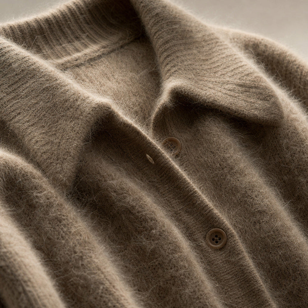Renate | Strickjacke mit tiefem V-Ausschnitt in Flauschoptik Kaffeebraun – Stoff- und Detailaufnahme