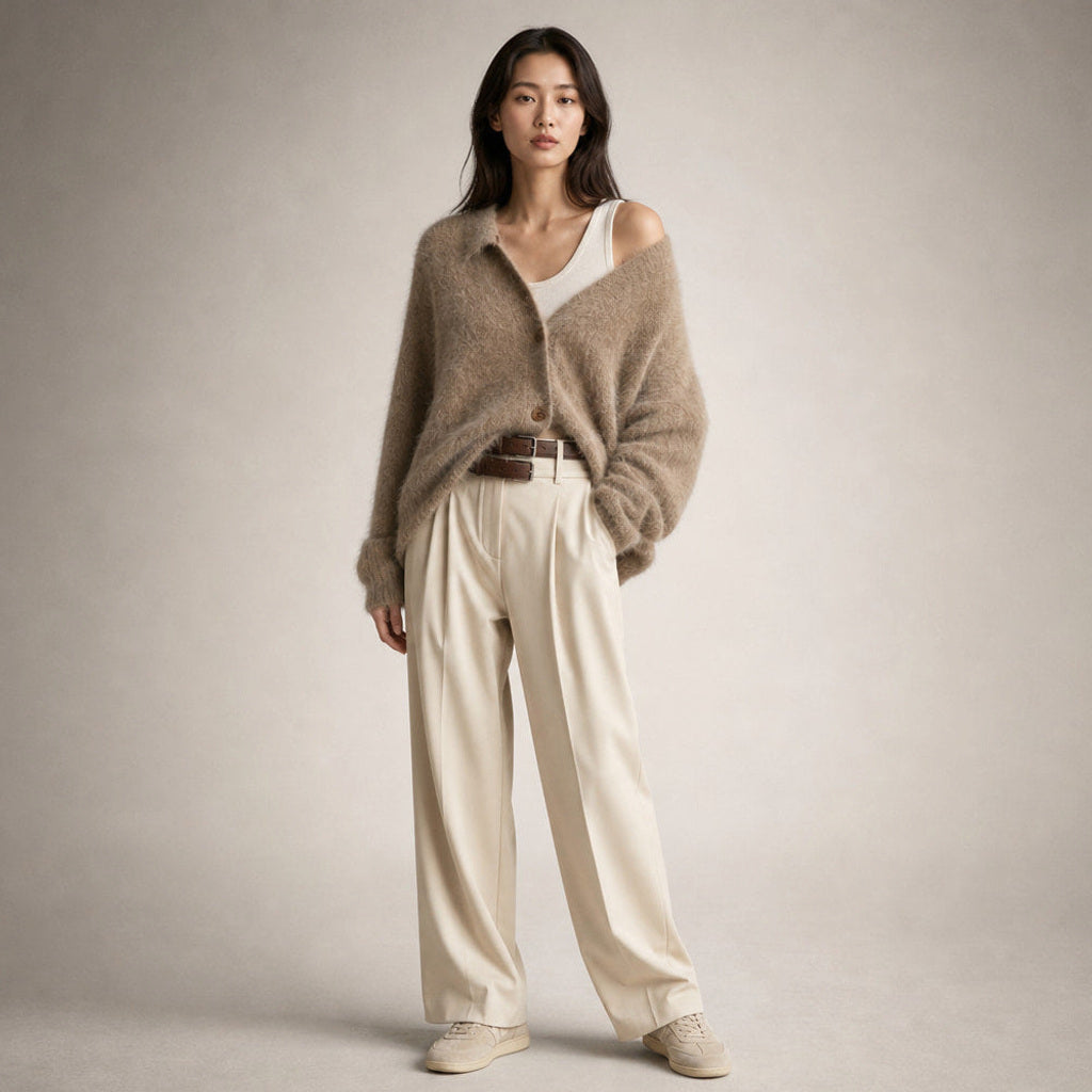 Renate | Strickjacke mit tiefem V-Ausschnitt in Flauschoptik Kaffeebraun – Gesamtlook