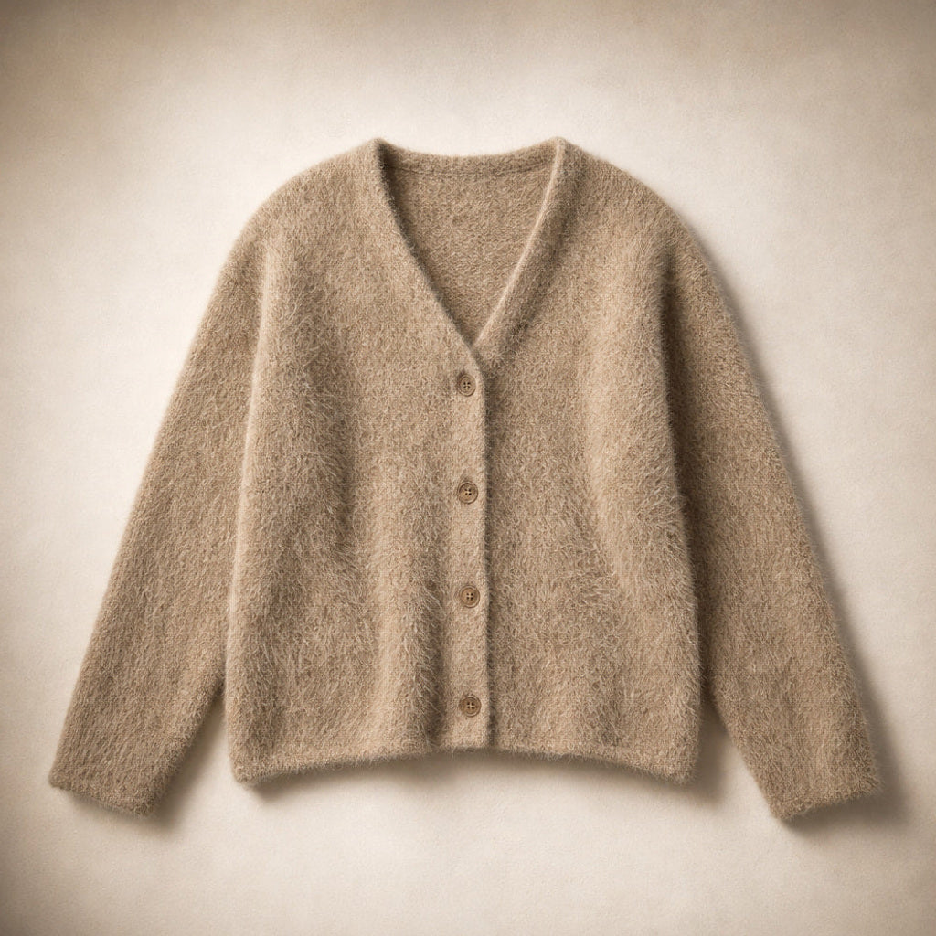 Renate | Strickjacke mit tiefem V-Ausschnitt in Flauschoptik Kaffeebraun – Produktfoto