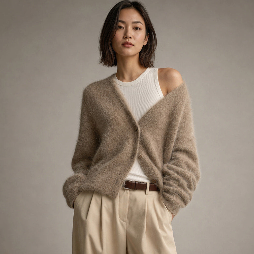 Renate | Strickjacke mit tiefem V-Ausschnitt in Flauschoptik in Kaffeebraun – Premium Editorial