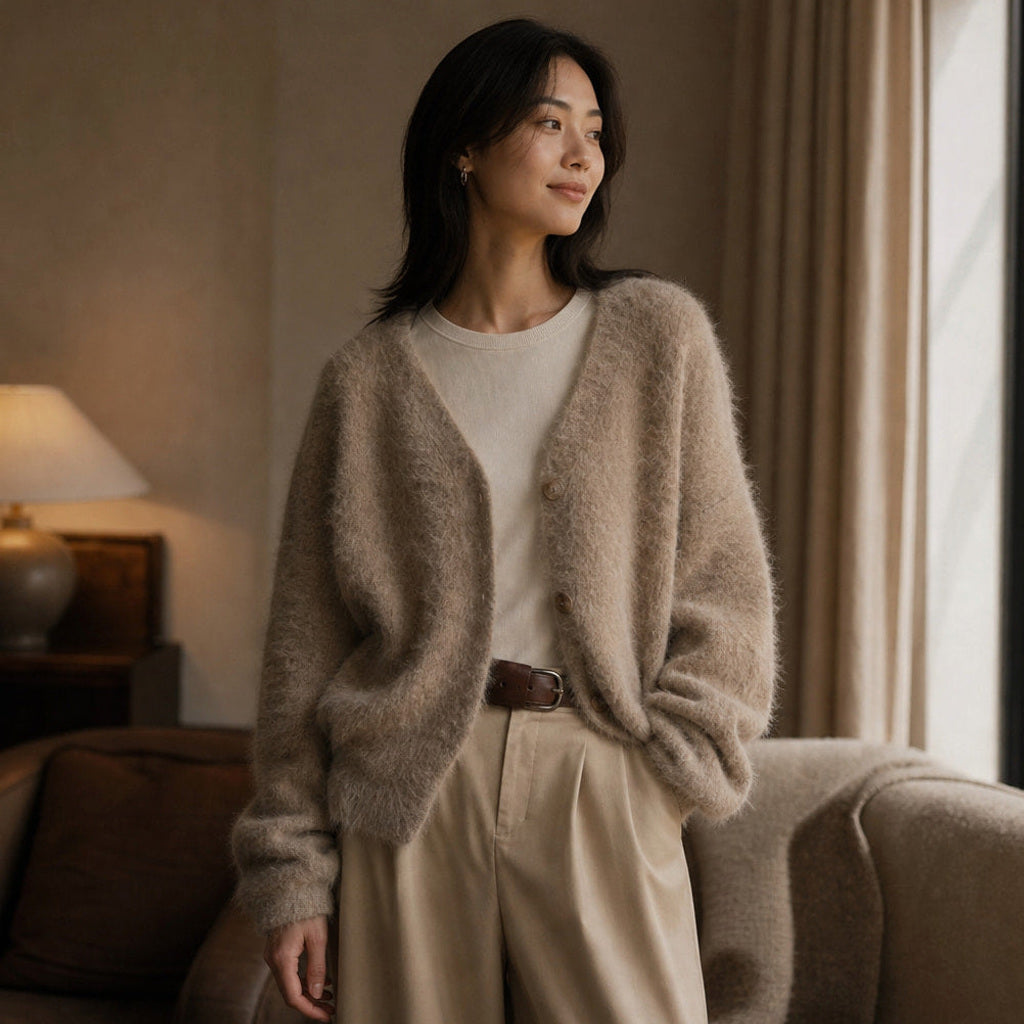 Renate | Strickjacke mit tiefem V-Ausschnitt in Flauschoptik Kaffeebraun – Gestyltes Editorial-Foto