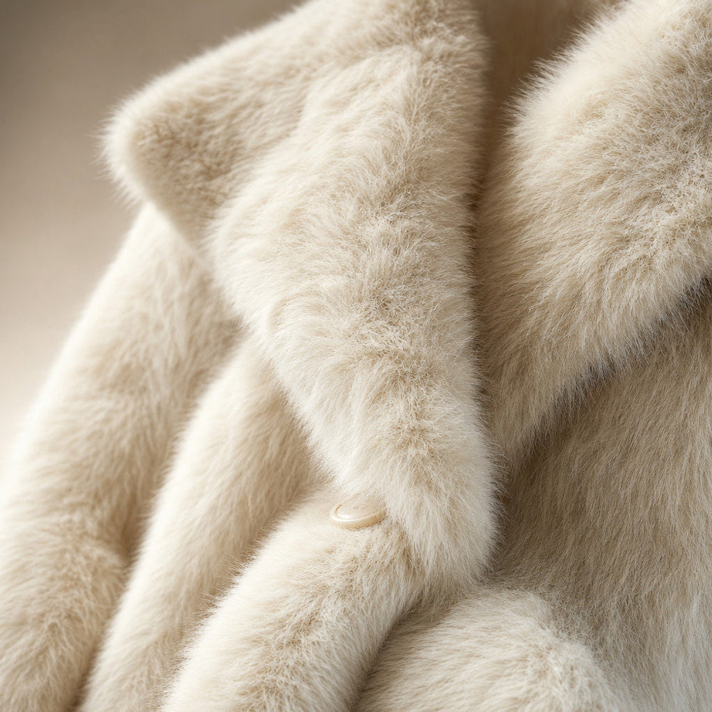 Rengard | Wickelmantel mit breitem Revers Elfenbein – Stoff- und Detailaufnahme