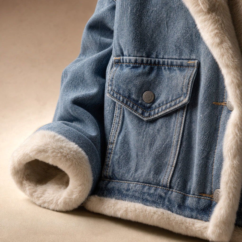 Rimhilde | Jeansmantel mit Fleecefutter Himmelblau Himmelblau – Stoff- und Detailaufnahme